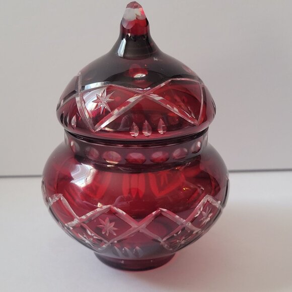 Ruby Red Vintage Bohemian Crystal Candy Dish With Lid - Picture 3 of 5
